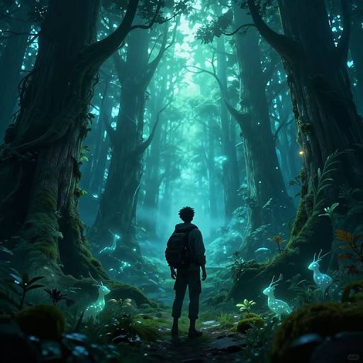 Digital art: Silhouetted adventurer with backpack stands in enchanting, bioluminescent forest, surrounded by glowing blue fireflies, tall trees