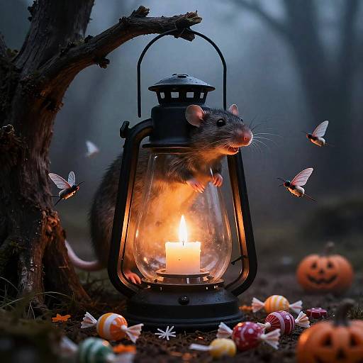 Happy Rat in Witch Lantern with Halloween Candy