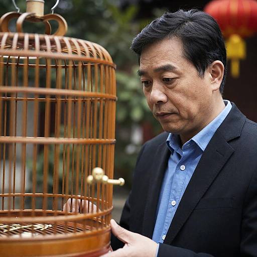 Contemplative Man in a Birdcage Scene