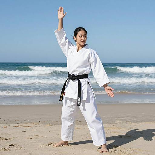 Asian Woman Practicing Karate on Beach