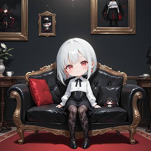 Chibi Girl Sitting on Elegant Black Sofa