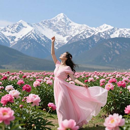 Photograph of a woman in a flowing pink dress, standing in a blooming pink peony field, raising her arm towards snow-capped mountains under