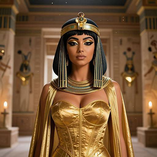 Digital art of an Egyptian queen with dark skin, black bob haircut, gold headdress, and corset, standing in a temple.