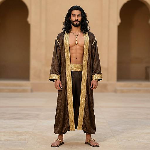 Photograph of a bearded man with long black hair, wearing a brown robe with gold trim, gold necklace, and sandals, standing in a stone