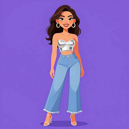 Digital illustration of a smiling woman with long dark hair, wearing a white strapless top, high-waisted blue frayed jeans, and white high