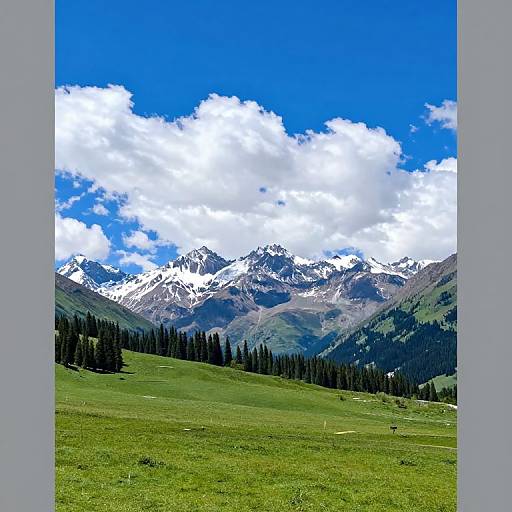 Photograph of a vibrant green meadow with a dense forest of dark green trees in the midground, leading up to a range of snowy, jag
