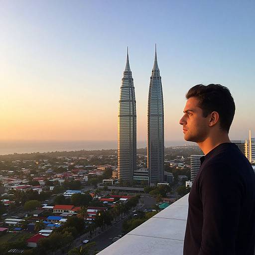 Photograph of a young man with short dark hair in a black shirt, standing on a rooftop, gazing at a sunset skyline with two tall,