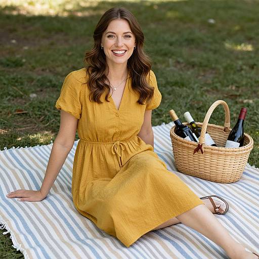 Photograph of a smiling woman with long brown hair, wearing a yellow dress, sitting on a striped blanket, next to a wicker basket with wine