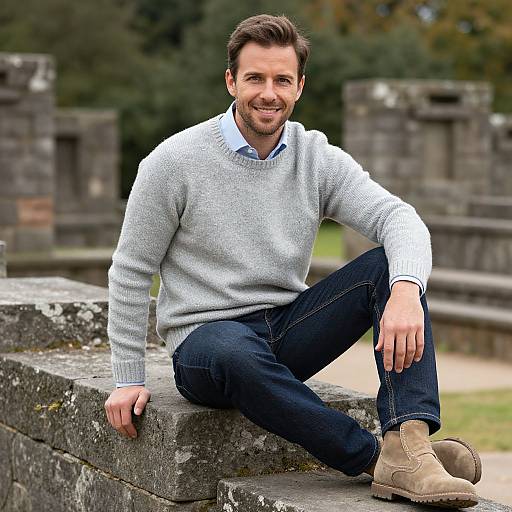 Photograph of a smiling, bearded man with short brown hair, wearing a light gray sweater, blue shirt, dark jeans, and beige boots,