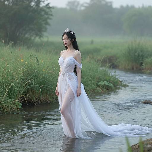 Photograph of a slender woman with long black hair, wearing a white, off-shoulder, sheer gown and silver tiara, standing in a