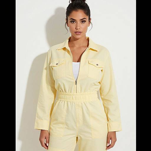 Photograph of a confident woman with dark hair in a bun, wearing a yellow button-down jumpsuit, standing against a white background.
