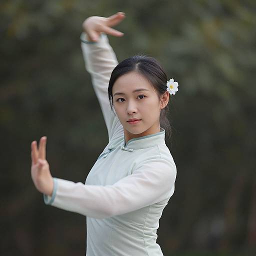 Photograph of an Asian woman with black hair, wearing a white long-sleeve shirt, performing a tai chi move outdoors; a white flower in