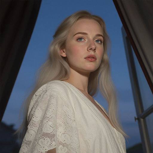 Photograph of a blonde woman with fair skin and blue eyes, wearing a white, lace-patterned blouse, standing by a window at dusk.