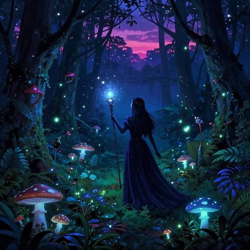 Digital fantasy artwork: Silhouetted female wizard with glowing staff, long dress, amidst bioluminescent mushrooms and fireflies in a mystical forest