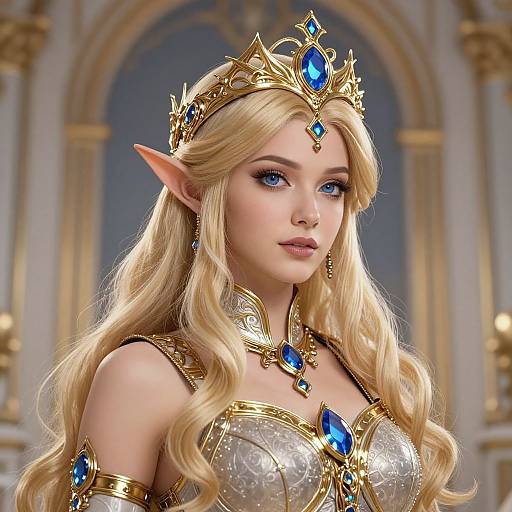 Digital art of a blonde elf queen with blue eyes, wearing a gold crown and matching jewelry, in an ornate, arched background.