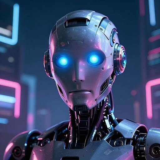 Photorealistic CGI of a glowing blue-eyed, silver metallic robot with intricate details, set against a neon-lit futuristic cityscape background.