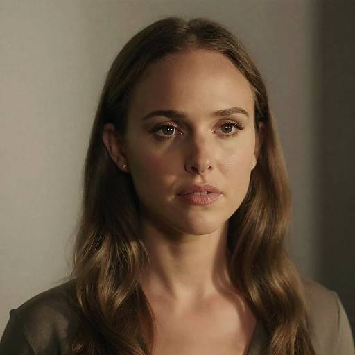 Photograph of a young woman with fair skin, brown wavy hair, brown eyes, subtle makeup, wearing a gray top, against a softly lit