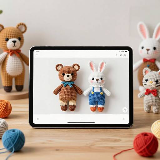 Photograph of a smartphone displaying a digital image of a brown teddy bear and blue bunny in knitted outfits, surrounded by yarn, wooden table,