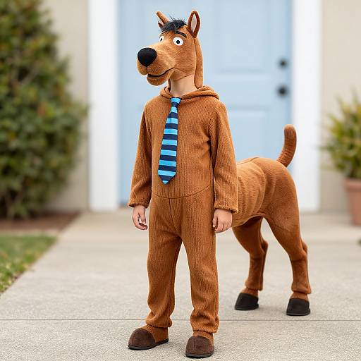 Photograph of a person in a brown dog onesie with blue striped tie, standing on a concrete sidewalk, with blurred background of house and greenery