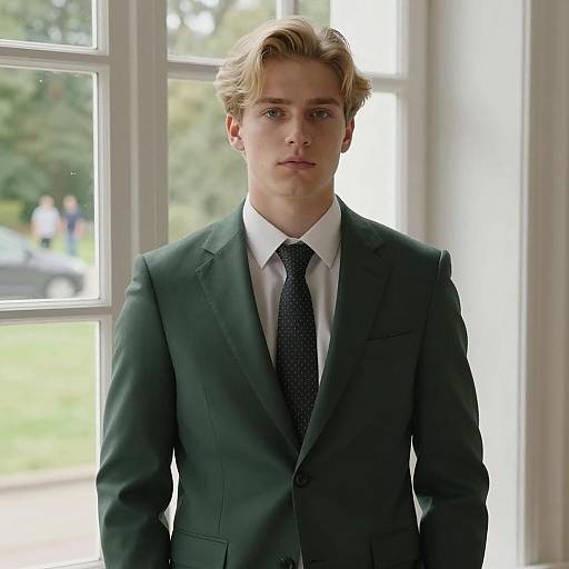 Young Man in Dark Green Suit by Window