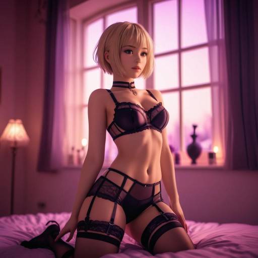 Blonde Woman in Black Lingerie in Bedroom