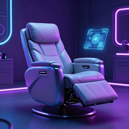 Photorealistic CGI of a futuristic, white leather recliner chair with neon purple and blue lighting in a sleek, modern room.