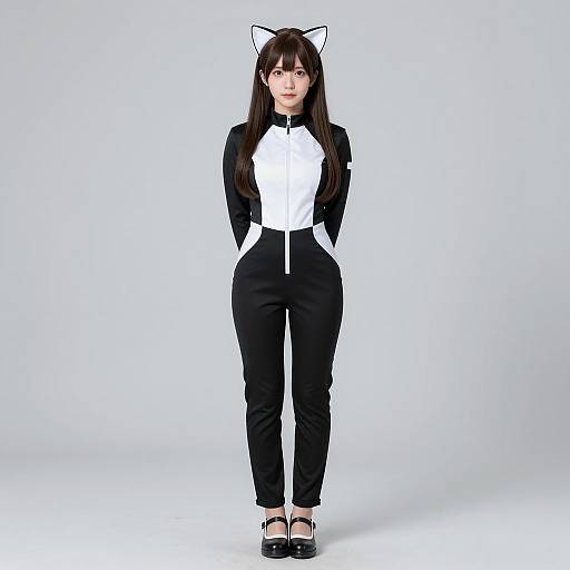Woman in Cat Ear Jumpsuit Costume