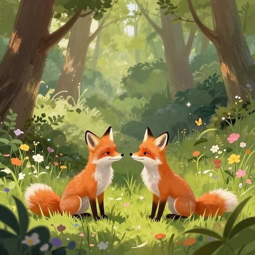 Two Charming Foxes in Enchanted Forest Meadow