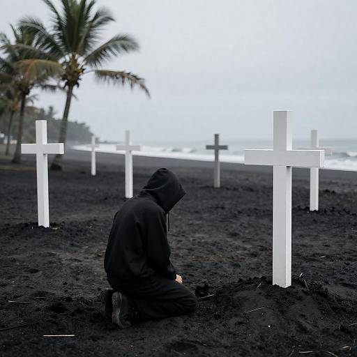 Kneeling Hooded Figure on Charred Beach