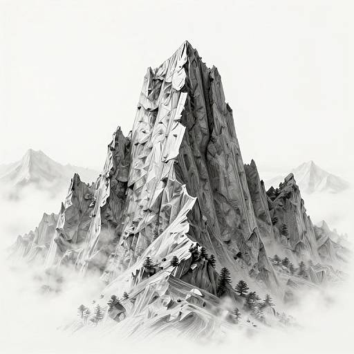 Digital black-and-white abstract of jagged mountain peaks with sharp, angular textures, surrounded by misty clouds and sparse trees.