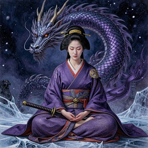 Digital art of a serene Asian woman in a purple kimono, sitting meditating with a dragon behind her, snowflakes falling. She holds a