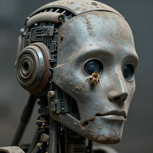 Photograph of a weathered, metallic humanoid robot head with large, black, empty eyes, detailed circuitry, and a bee on its forehead.