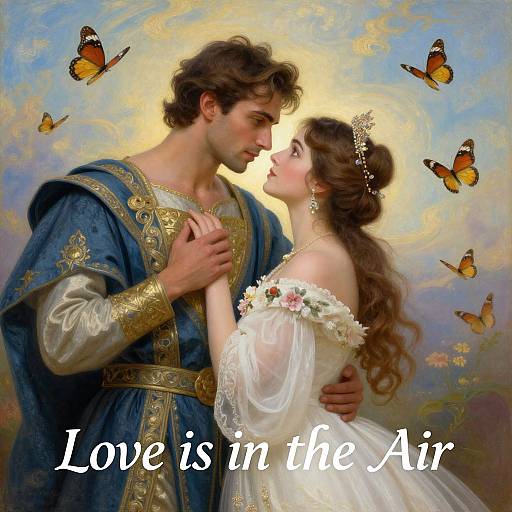 Romantic painting of a man in blue medieval attire and a woman in white dress, gazing lovingly, surrounded by butterflies, text: 