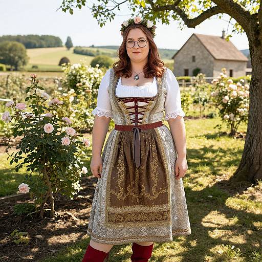 Photograph of a smiling woman with glasses, wearing a brown and white Bavarian-style dress, red stockings, and a floral crown, standing in a