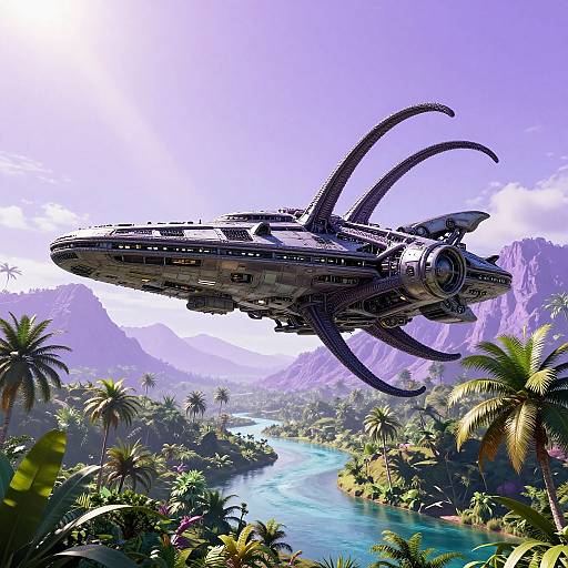 Digital artwork of a futuristic spaceship with tentacle-like appendages flying over a lush, tropical river valley with palm trees and mountains.