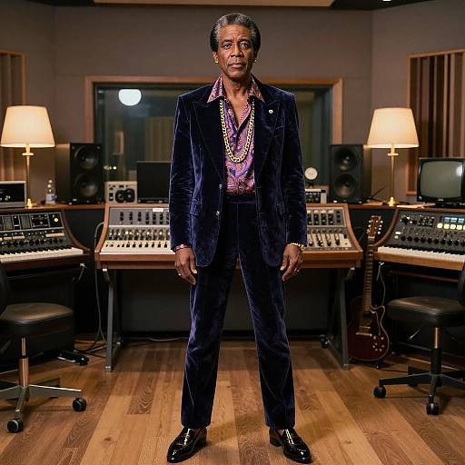 Photograph of a Black man in a dark velvet suit, purple shirt, and gold chain, standing in a recording studio with control panels and lamps in