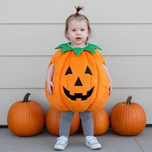 Photograph of a baby in an orange pumpkin costume with green leaf collar, standing between two pumpkins, wearing gray pants and white shoes, against a