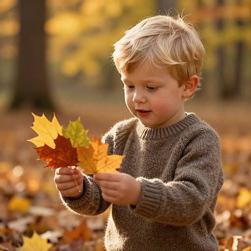 Photograph of a blonde, fair-skinned toddler in a brown knitted sweater, holding autumn leaves in a sunlit, leaf-covered forest.