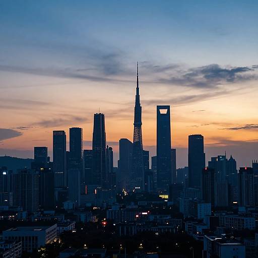 Photograph of a city skyline at sunset, featuring silhouetted skyscrapers with the tallest building in the center, against a gradient sky of