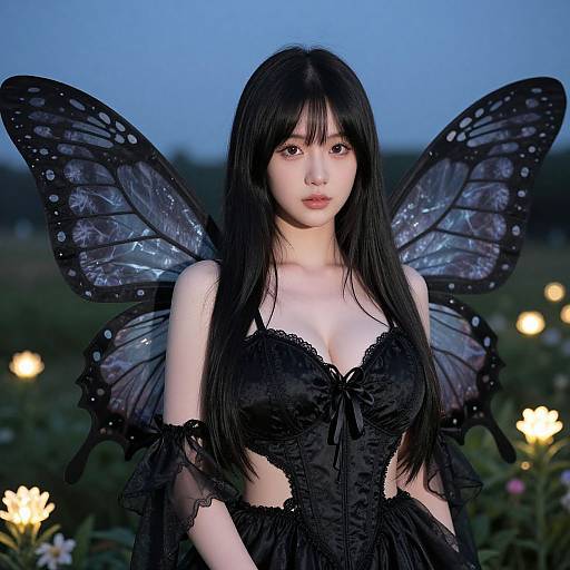 Photograph of an East Asian woman with long black hair, wearing a black lace corset and translucent black butterfly wings, standing in a twilight field with