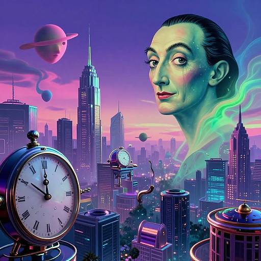Digital artwork: A surreal cityscape with neon skyscrapers, floating planets, and a clock. A green-tinged, ghostly woman's