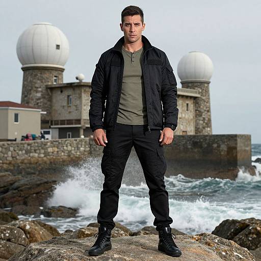 Photograph of a muscular man in black jacket, shirt, and pants standing on rocky shore with waves crashing, two white dome-topped buildings in background