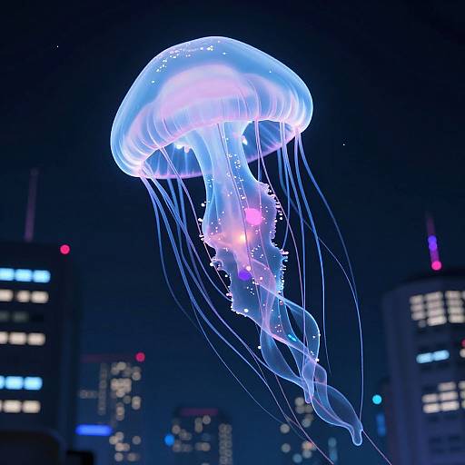 Photograph of a glowing blue and purple jellyfish with translucent tentacles floating against a dark night sky, with illuminated city buildings in the background.