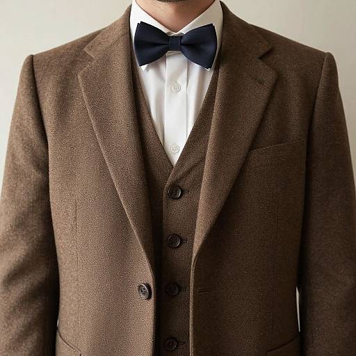 Photograph of a man's upper body in a brown tweed three-piece suit with a black bow tie and white dress shirt.