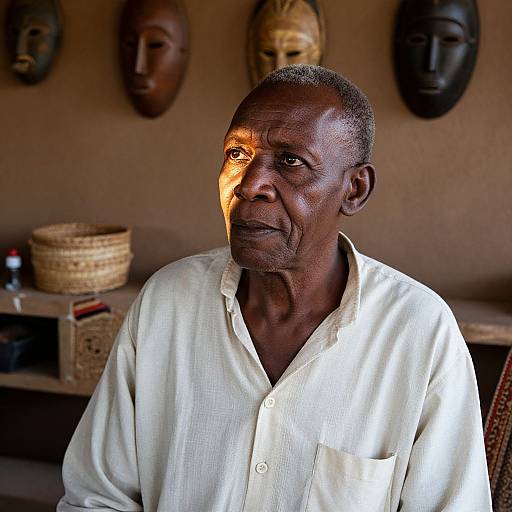 Photograph of an elderly African man with dark skin, short grey hair, wearing a white button-down shirt, illuminated by warm light, with three carved