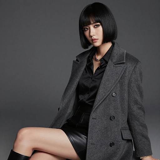 Photograph of an Asian woman with black bob haircut, wearing a dark gray double-breasted coat, black silk blouse, and black leather skirt, against