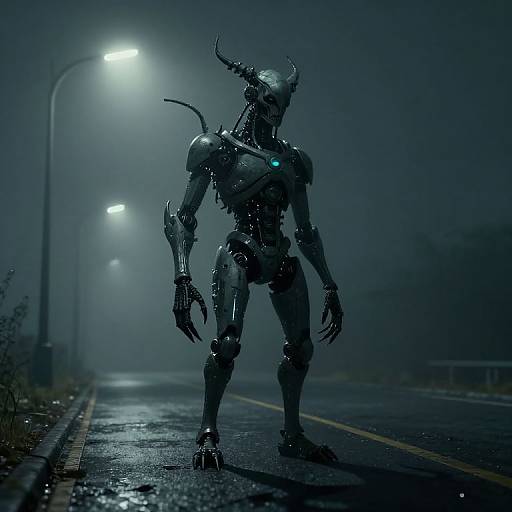 Digital artwork of a dark, glowing, horned robotic creature standing on a misty, illuminated street at night, with streetlights and fog creating a