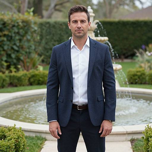 Photograph of a handsome, middle-aged man with short brown hair, wearing a dark blue suit and white shirt, standing in a lush garden with a
