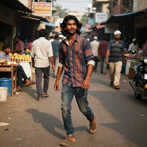 Photograph of a bearded Indian man with shoulder-length black hair, wearing a patterned shirt and jeans, walking through a busy, sunlit market