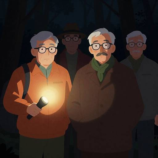 Elderly Men Exploring Dark Forest